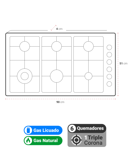 Encimera Gas Natural Albin Trotter Quadra 90 cm 6 Platos