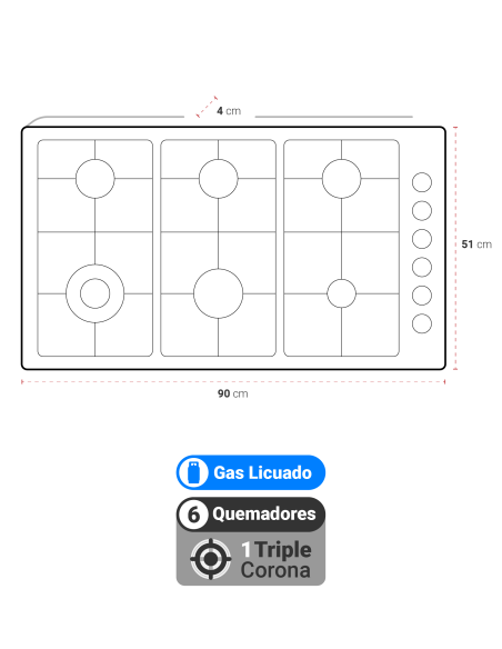 Encimera Gas Licuado Albin Trotter Quadra 90 cm 6 Platos