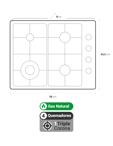 Encimera Gas Natural Albin Trotter Fein Pro FFT FFD 4 Platos