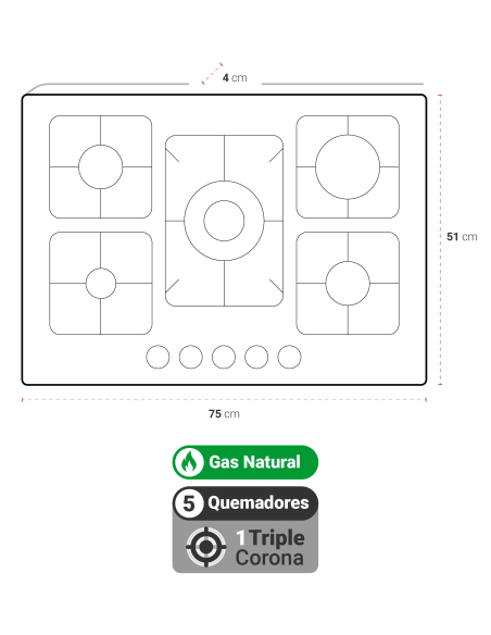 Encimera Gas Natural Albin Trotter Quadra 75 5 Platos