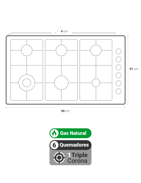 Encimera Gas Natural Albin Trotter Quadra 90 cm 6 Platos