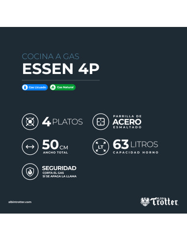 Cocina a gas ESSEN 4P 4 platos Negro Matte