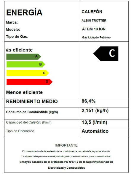 Calefont Albin Trotter 13 Litros Tiro Natural Gas Licuado