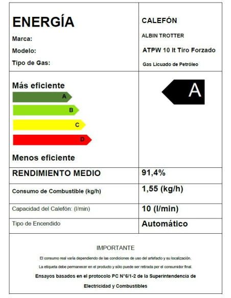 Calefont Albin Trotter Tiro Forzado 10 Litros Gas Licuado
