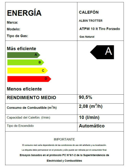 Calefont Albin Trotter Tiro Forzado 10 Litros Gas Licuado