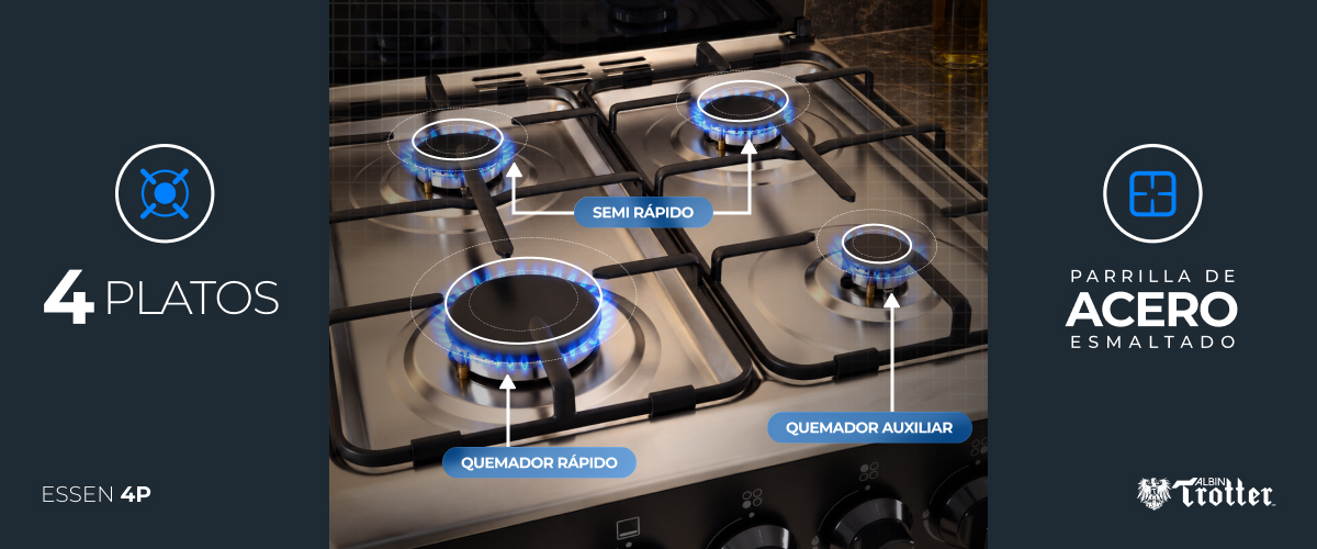 Cuatro quemadores y parrillas de acero esmaltado ESSEN 4P